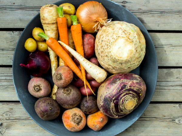 Et utvalg av rotgrønnsaker som gulrøtter, kålrot, rødbeter, og pastinakk i en blå skål på et trebord