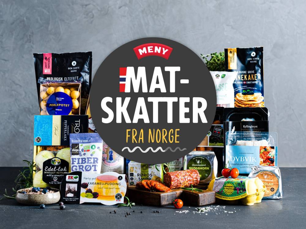 Et utvalg av matskatter og matvarer med logoen 'Meny Matskatter fra Norge' på en bakgrunn, som viser ulike produkter i en samling.