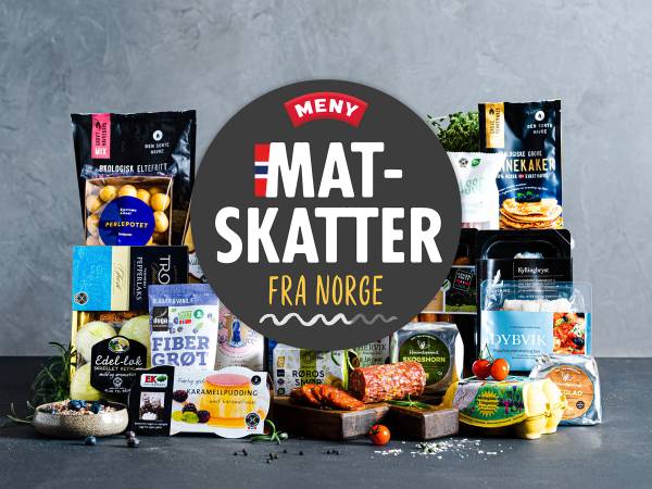 Et utvalg av matskatter og matvarer med logoen 'Meny Matskatter fra Norge' på en bakgrunn, som viser ulike produkter i en samling.