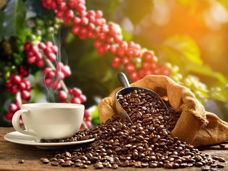 Kaffe med kaffebønner i en sekk og en kopp på et bord med blomster i bakgrunnen