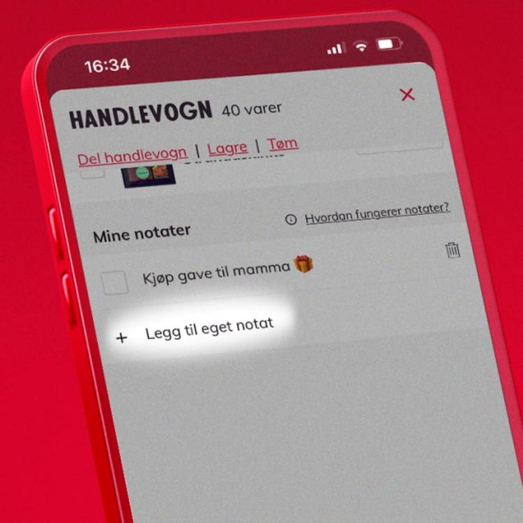 Skjermbilde av en mobilapp med notater og handleliste, hvor det står 'Kjøp gave til mamma' og 'Legg til eget notat'.