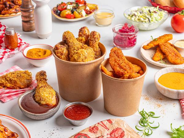 Friterte kyllingbiter i papirbeger omgitt av ulike sauser og salater på et bord.