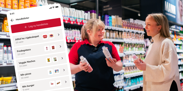 To personer som står i en matbutikk og snakker, med handleliste på mobilen i bakgrunnen.