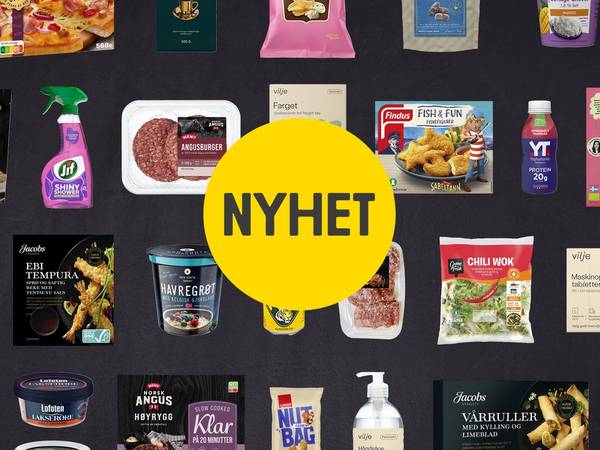 Et utvalg av ulike mat- og dagligvareprodukter, inkludert snacks, kjøtt, meieriprodukter og hygieneartikler, med en gul sirkel med teksten 'NYHET' i midten.