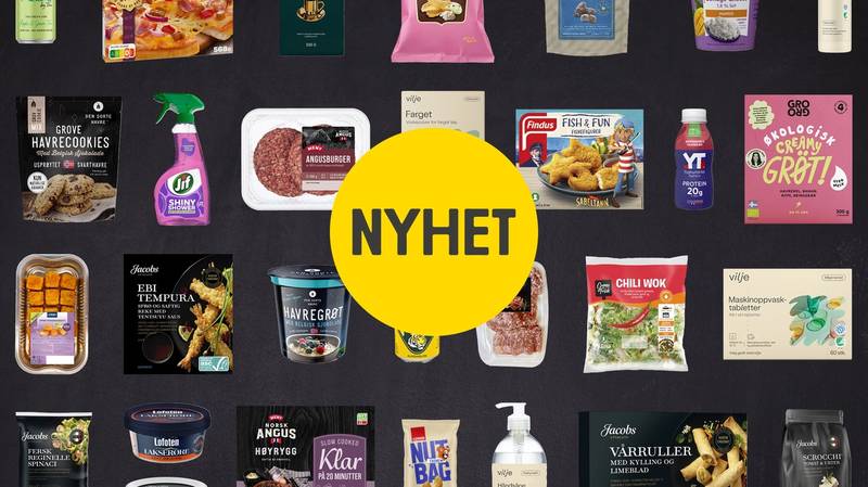 Et utvalg av ulike mat- og dagligvareprodukter, inkludert snacks, kjøtt, meieriprodukter og hygieneartikler, med en gul sirkel med teksten 'NYHET' i midten.