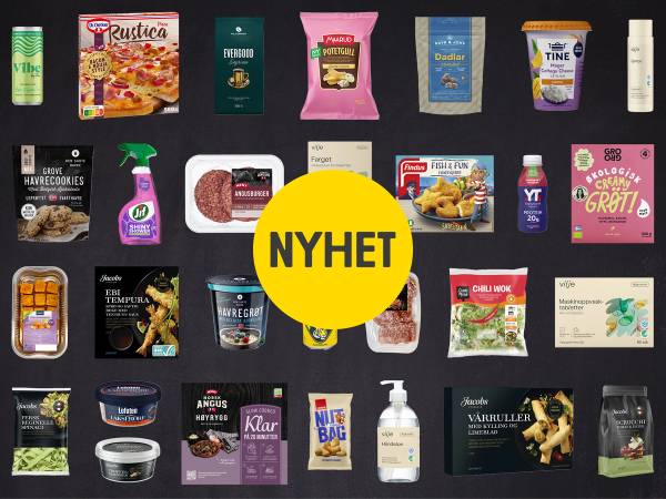 Et utvalg av ulike mat- og dagligvareprodukter, inkludert snacks, kjøtt, meieriprodukter og hygieneartikler, med en gul sirkel med teksten 'NYHET' i midten.