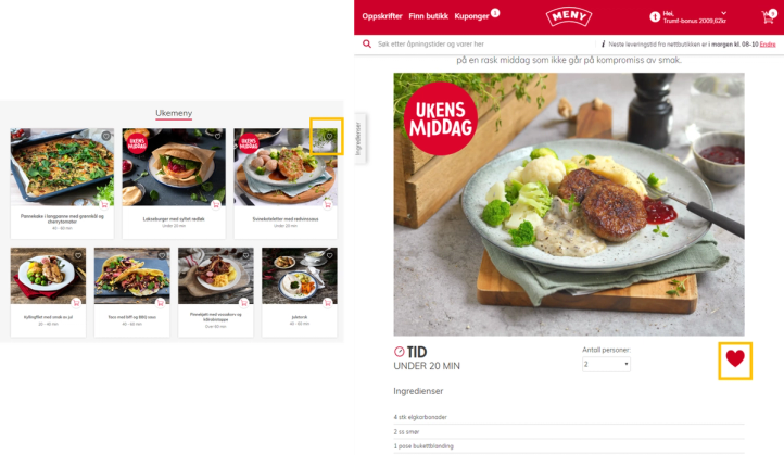 Skjermbilde av en nettside med favorittoppskrifter, inkludert en oppskrift på kjøttkaker med poteter og grønnsaker.