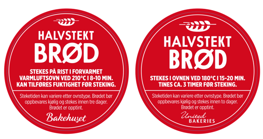 Et stekeoblat med logoen til United Bakeries og teksten 'Halvstekt brød' på en rød bakgrunn.