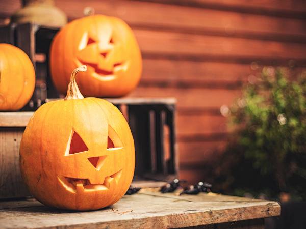 To gresskar med utskårne ansikter, plassert på en trebenk utendørs, med en trevegg i bakgrunnen.