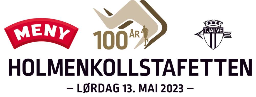 Logo for Holmenkollstafetten 2023 med arrangementdato 13. mai 2023 og deltakermerker for Meny, 100 år og Tjalve.