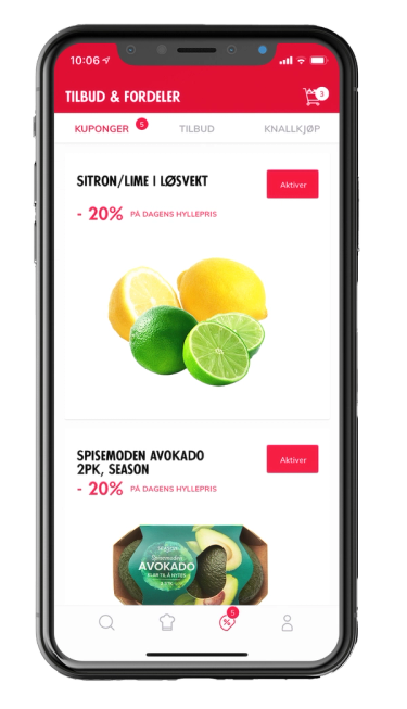 Skjermbilde av en mobilapp som viser ulike kuponger, inkludert sitron/lime i løsvekt og avokado, med tilbud og rabatter.