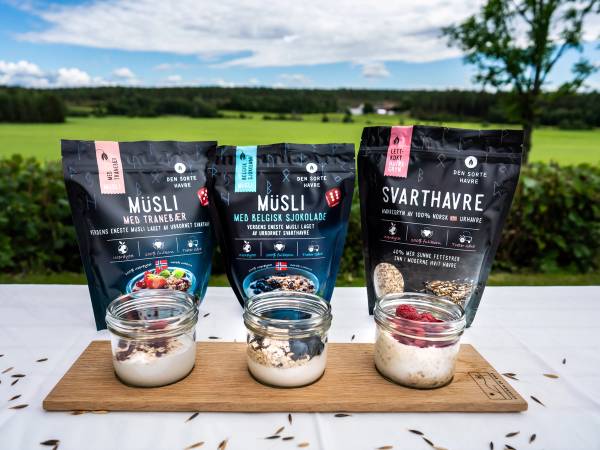 Tre pakker med müsli og tre glass med yoghurt eller melk på en treplate utendørs med grønt landskap og blå himmel i bakgrunnen.