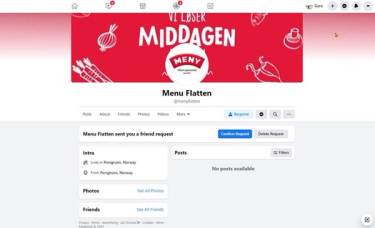 Skjermbilde av en Facebook-side for en restaurant kalt 'Meny', med en rød banner som sier 'VIL DU SPISE MIDDDAGEN'.