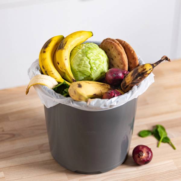 En kurv med frukt og grønnsaker, inkludert bananer, kål, rødløk og bananplante, plassert på et lyst bord.