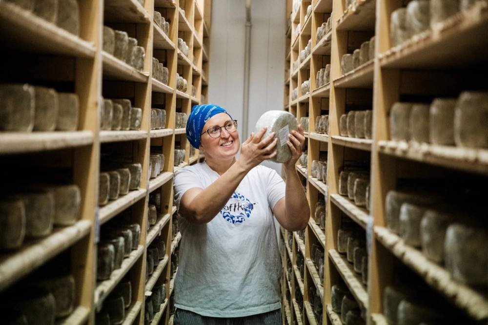 Person som inspiserer ost i et lager med hyller fylt med ostekartonger, i en ostefabrikk eller lager.