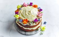 En kake med hvit krem og fargerike blomsterpynt, med lag av sjokolade og vanilje, dekorert med blomster på toppen.