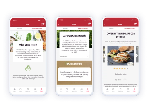 Skjermbilder av en app med bærekrafttips, meny for bevaringsmål og oppskrift med lavt CO2-avtrykk.