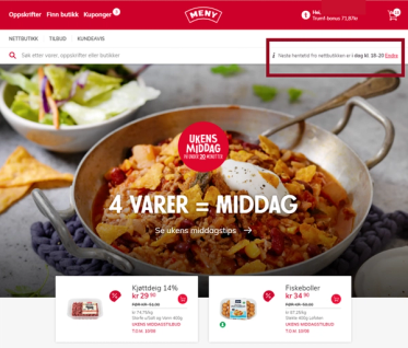 Skjermbilde av en nettside som viser en levering av mat, med en stor panne med gryterett og en salat i bakgrunnen.