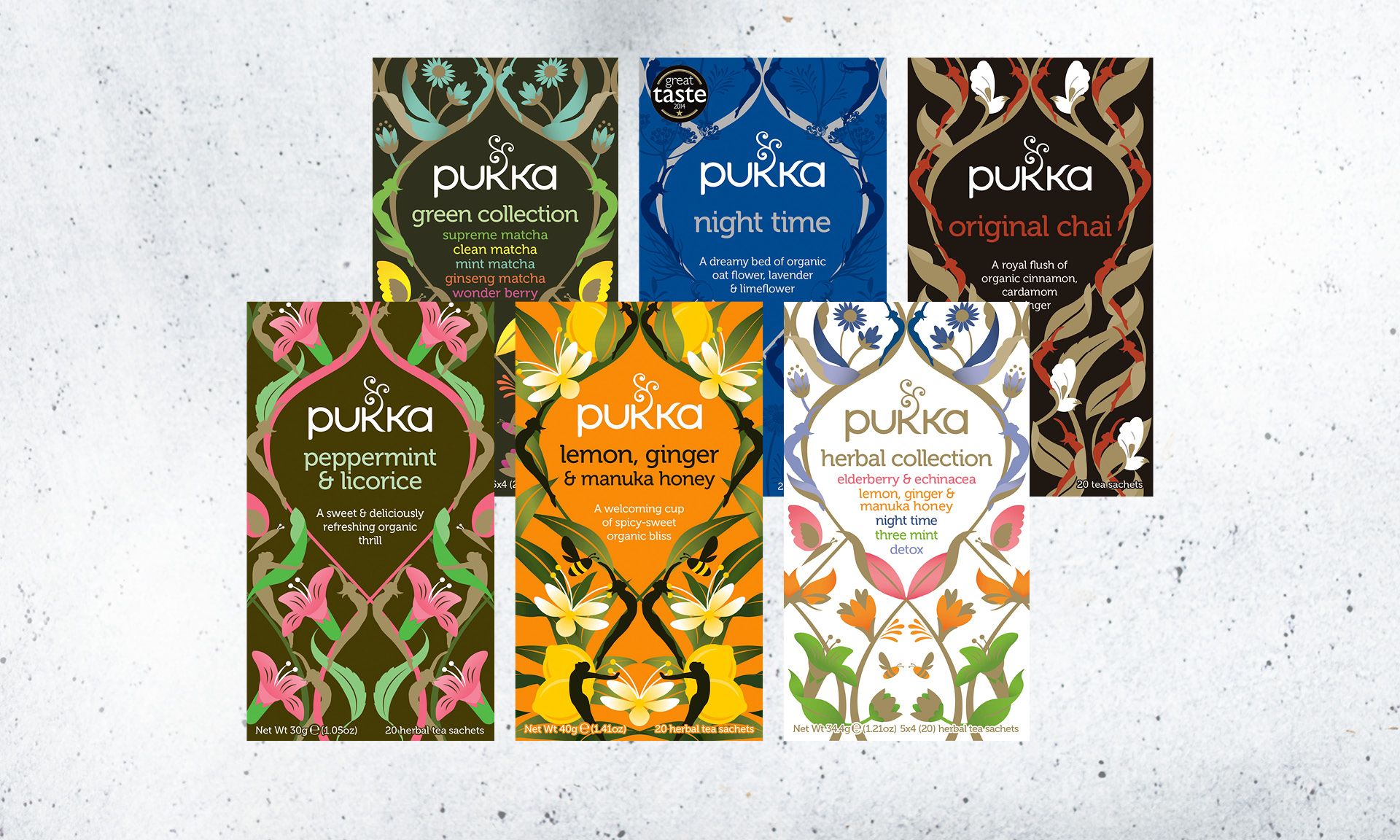 Seks ulike esker med Pukka te i forskjellige smaker og farger, plassert på en hvit bakgrunn.