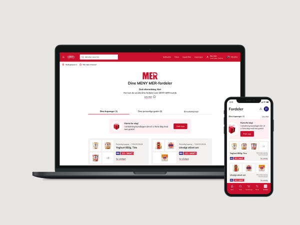 Skjermbilder av en nettside og en mobilapp som viser kuponger og tilbud for 2025, med fokus på rabattkuponger og fordelsprogrammer.