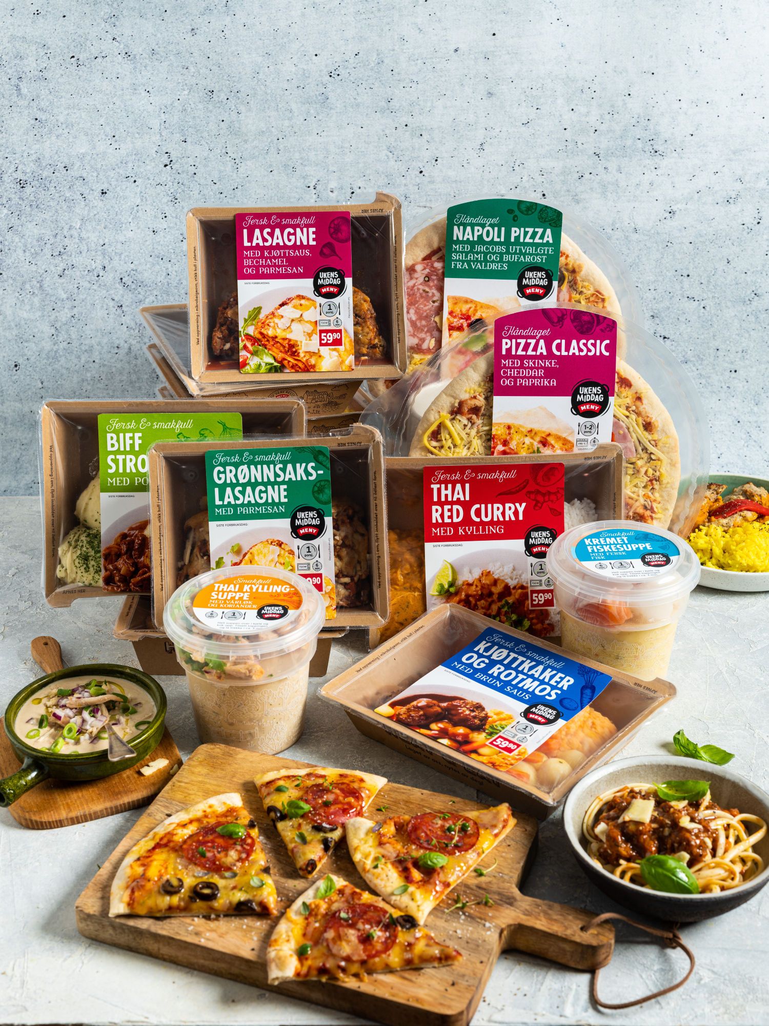 Samlebilde av MENYs ferdigretter, rask middag.