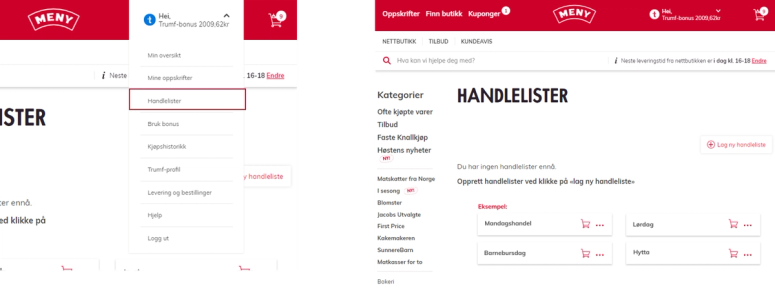 Skjermbilde av en handleliste på en nettside med overskriften 'Handlelister' og ulike kategorier for produkter.