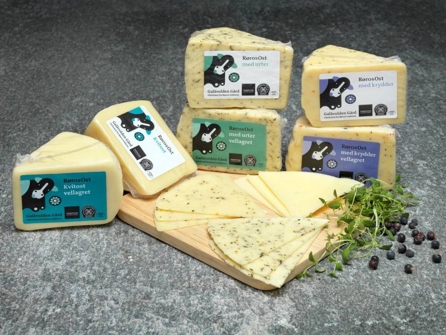 Ulike typer ost og skiver av ost på en skjærefjøl med blåbær og urter ved siden av, på et mørkt bord.