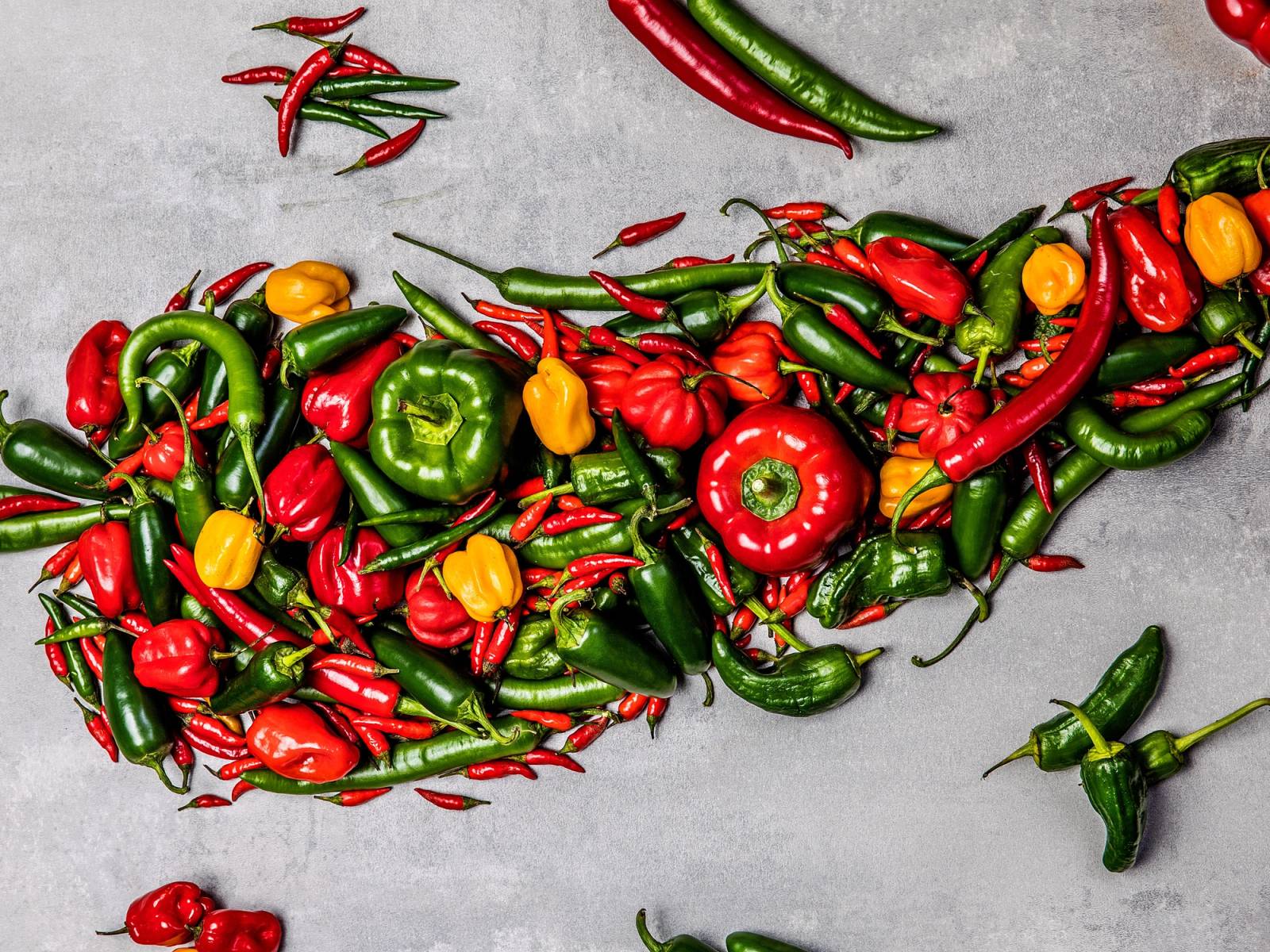 Et utvalg av ulike friske chilipepper i rødt, grønt og gult på en grå bakgrunn.