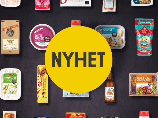 Et utvalg av dagligvarer og produkter i en nettbutikk, med en stor gul sirkel med teksten 'NYHET' i midten.