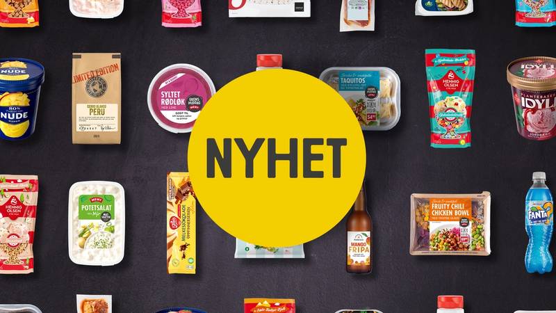 Et utvalg av dagligvarer og produkter i en nettbutikk, med en stor gul sirkel med teksten 'NYHET' i midten.