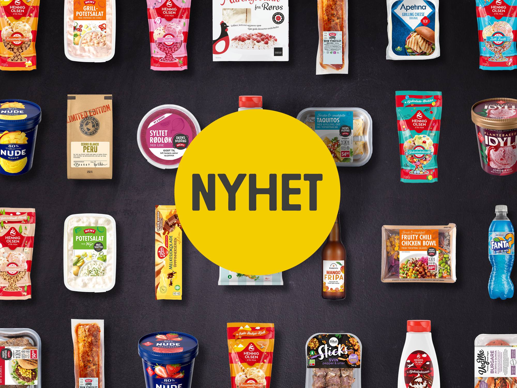 Et utvalg av dagligvarer og produkter i en nettbutikk, med en stor gul sirkel med teksten 'NYHET' i midten.