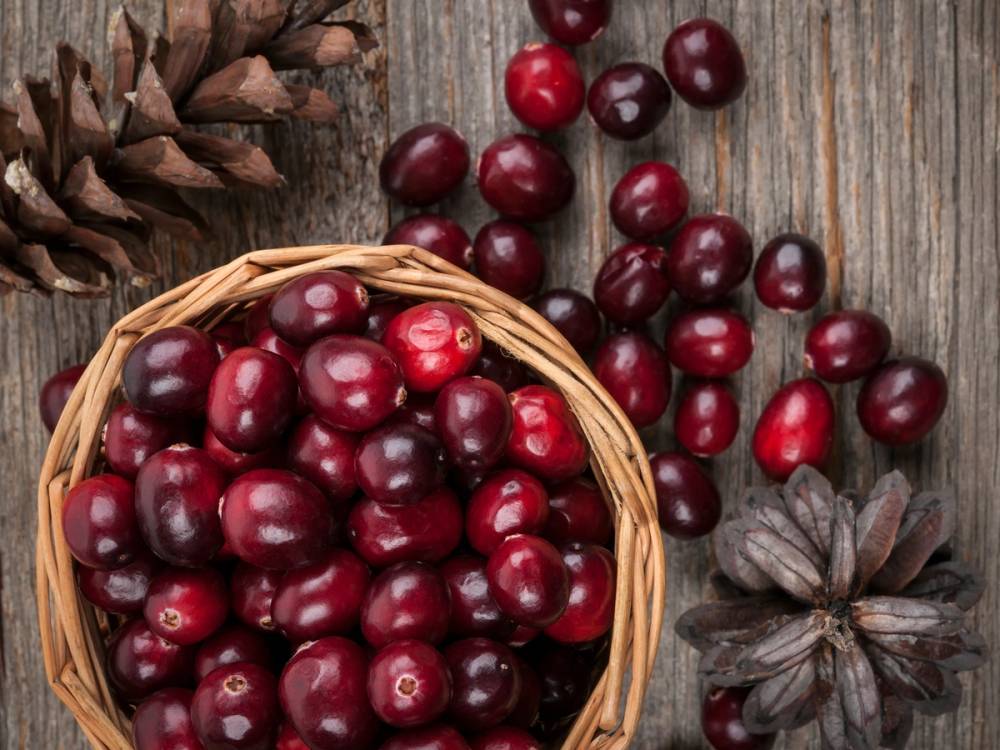Kvist med tranebær og to stjerneanis på et trebord, illustrerer ulike måter å bruke tranebær på.