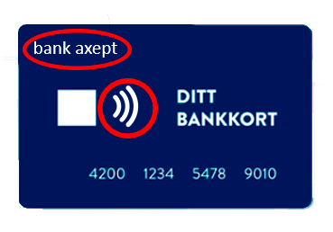 Bankkort med NFC-symbol og røde sirkler på en blå bakgrunn.
