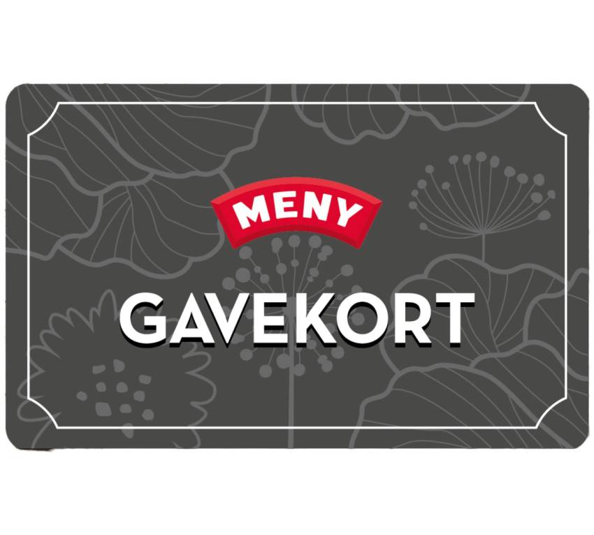Et gavekort med teksten 'GAVEKORT' og en rød banner med 'Meny' på en mørk bakgrunn med blomster- og bladmønster.