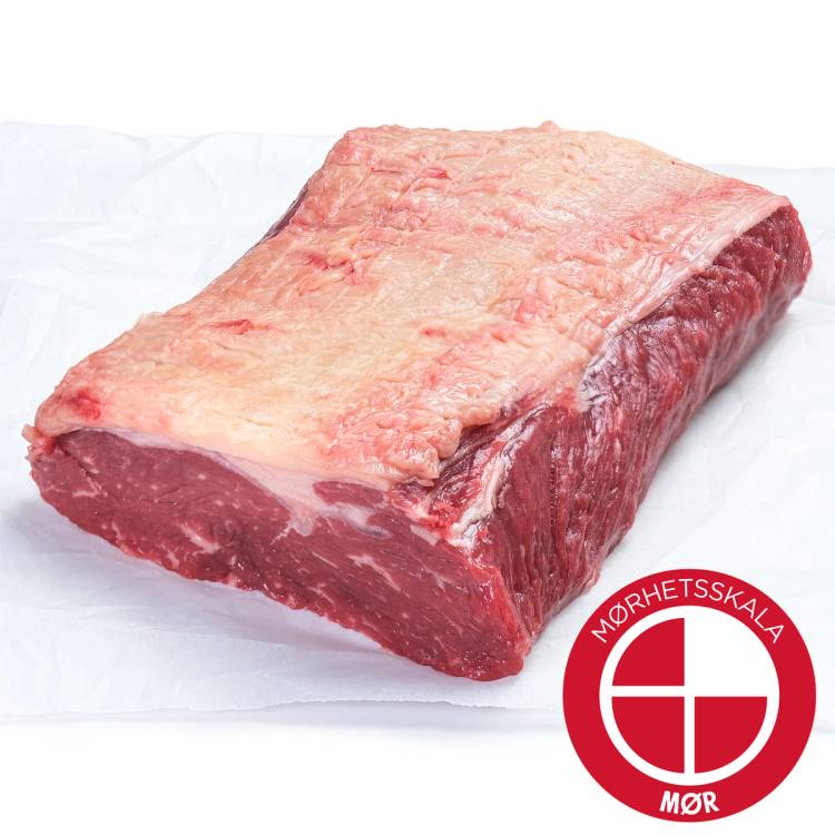 Angus ytrefilet av kjøtt med fett på toppen og en Mørhetsskala-logo i hjørnet.