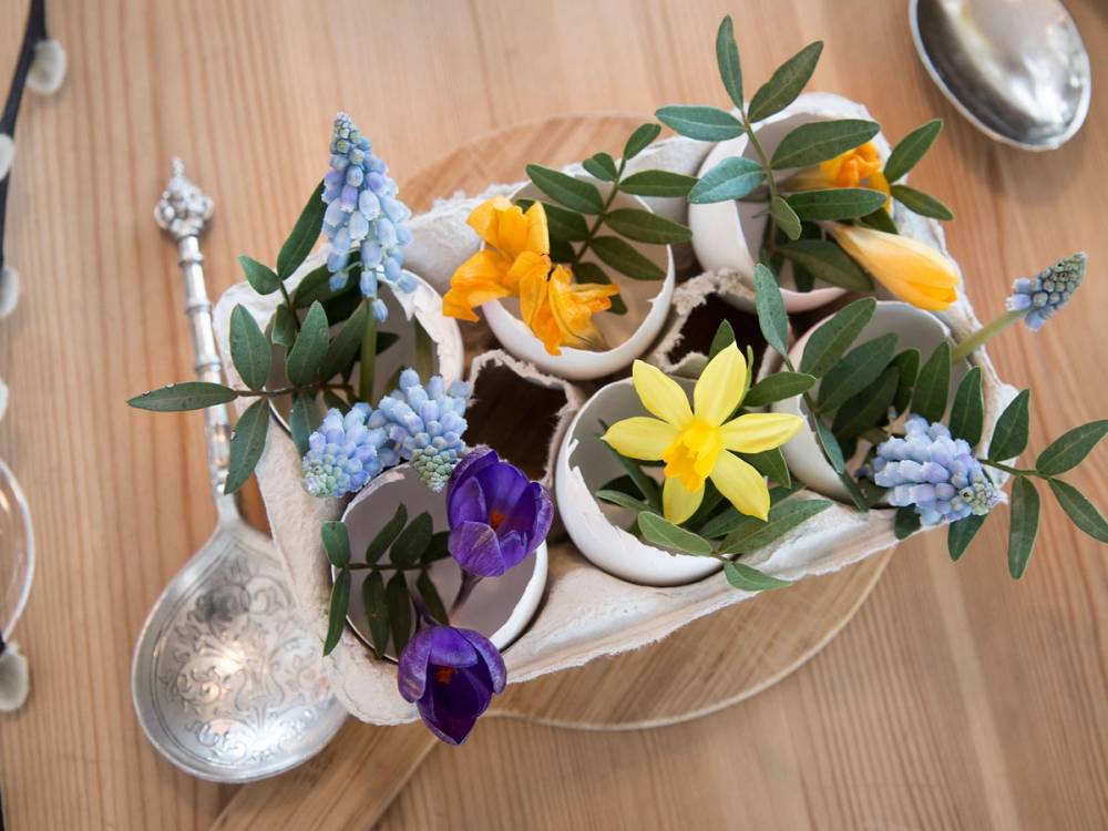 Små blomster i ulike farger, inkludert gule, lilla og blå, i små hvite kopper på et bord med en hvit skål og en sølvskje i bakgrunnen.