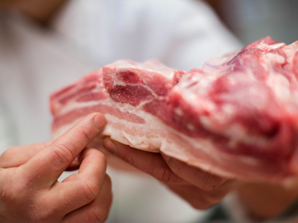 Person som holder et stykke rått kjøtt, sannsynligvis fra Jæren, med fokus på kjøttet i hånden.