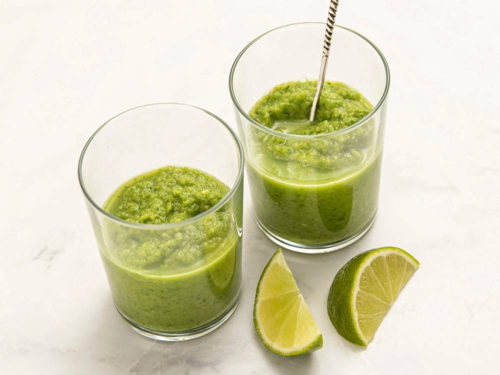 To glass med grønnkål- og ingefærsmoothie og to skiver sitron ved siden av, på en hvit bakgrunn.