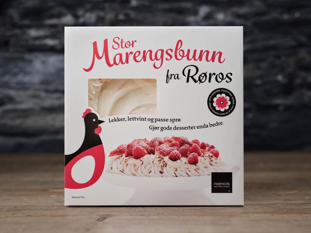 Pakke med marengsbunn fra Røros, med bilde av en marengsdeig og en ferdiglaget marengsbunn på forsiden.