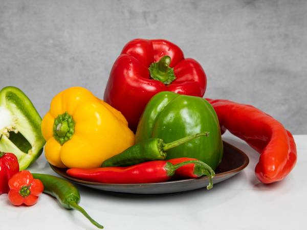 Fargerike paprikaer og chili på en tallerken mot en grå bakgrunn.