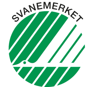 Svanemerket logo med teksten 'SVANEMERKET' over en grønn sirkel med hvite diagonale linjer.