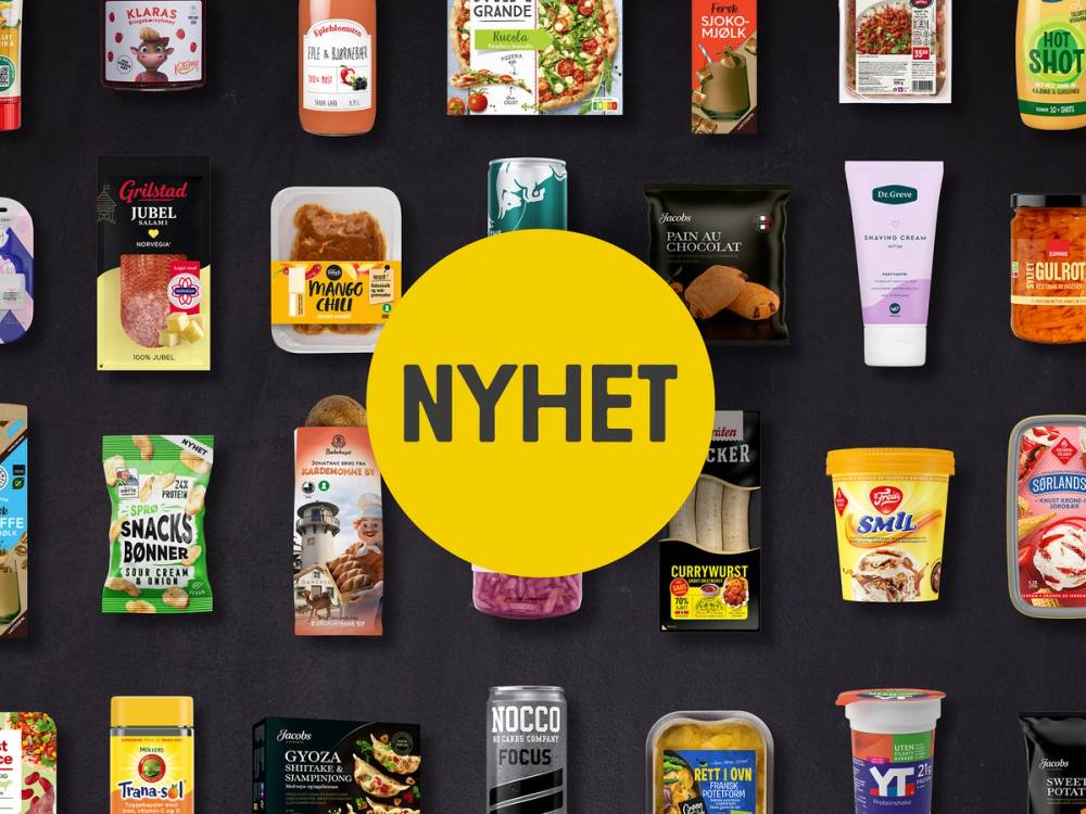 Forside av en katalog med ulike mat- og helsekostprodukter, med en stor gul sirkel med teksten 'NYHET' i midten.