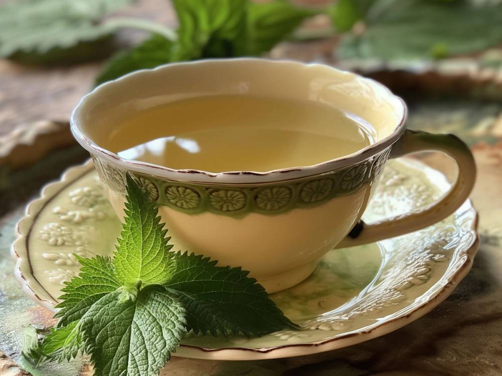 En kopp med brennesle-te på et fat, omgitt av grønne blader, på et utendørs bord.