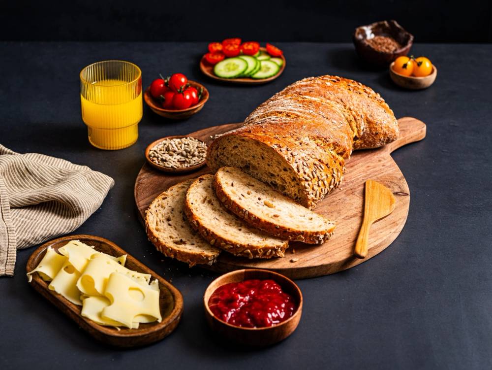 Skarpt brød med frø og en skive tatt ut, omgitt av smør, tomater, agurk, og syltetøy på et mørkt bord.