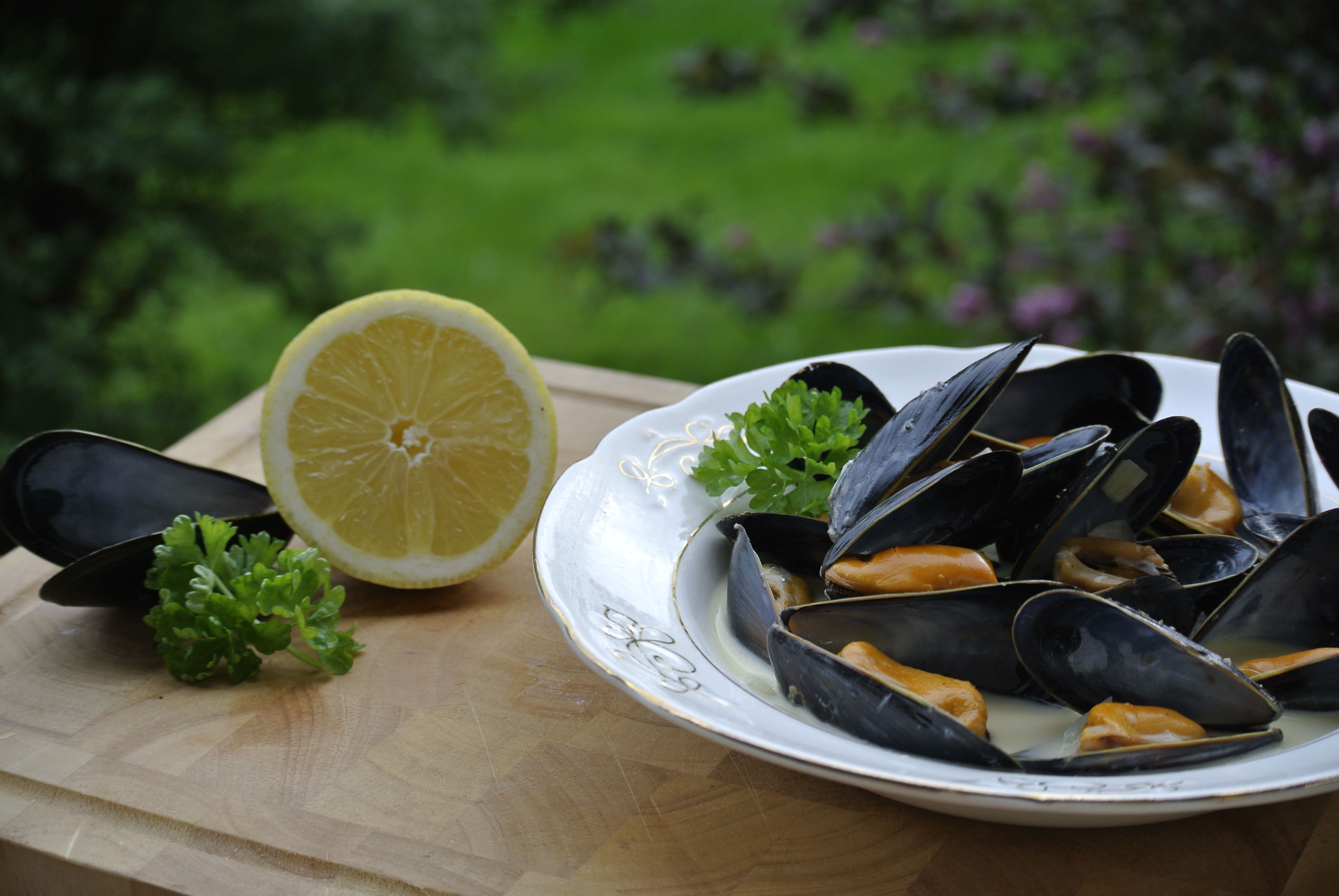Blåskjell servert med sitron og fersk persille på en hvit tallerken, med en sitronhalvdel og mer persille ved siden av, på et trebord utendørs.