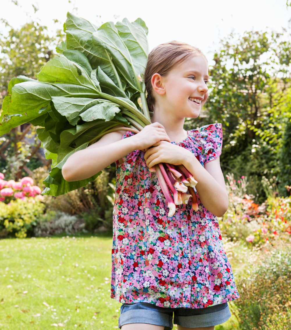 Jente med blomstrete topp som holder en stor bunt rabarbra på en hage med blomster og trær i bakgrunnen.