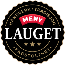 En logo for MENY-Lauget med svart bakgrunn, rød og hvit tekst, og gullfargede detaljer.