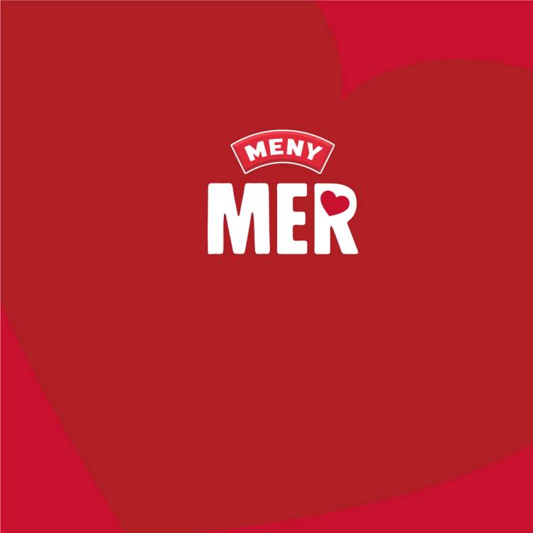 En rød bakgrunn med et stort hjerte og teksten 'Meny MER' i hvitt, med 'Meny' i en bue over 'MER'.