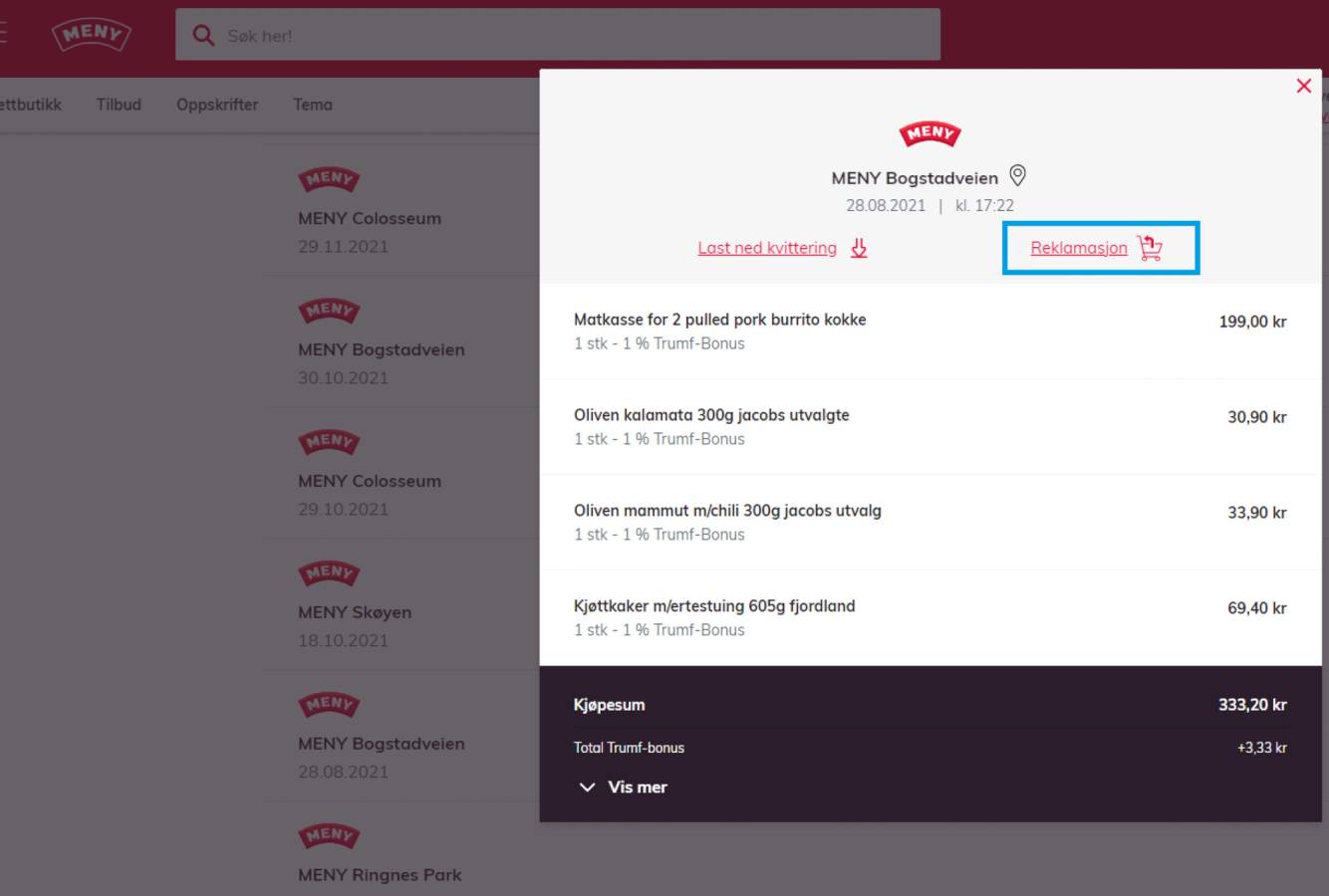 En kvitteringsside med liste over kjøp, priser og totalbeløp, med en knapp for å skrive ut kvitteringen.
