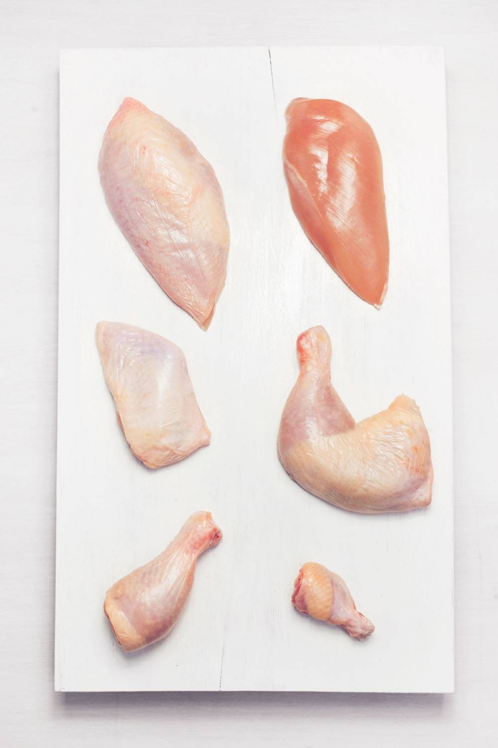 Ulike deler av kylling, inkludert bryst, lår og vinger, lagt ut på et hvitt underlag.